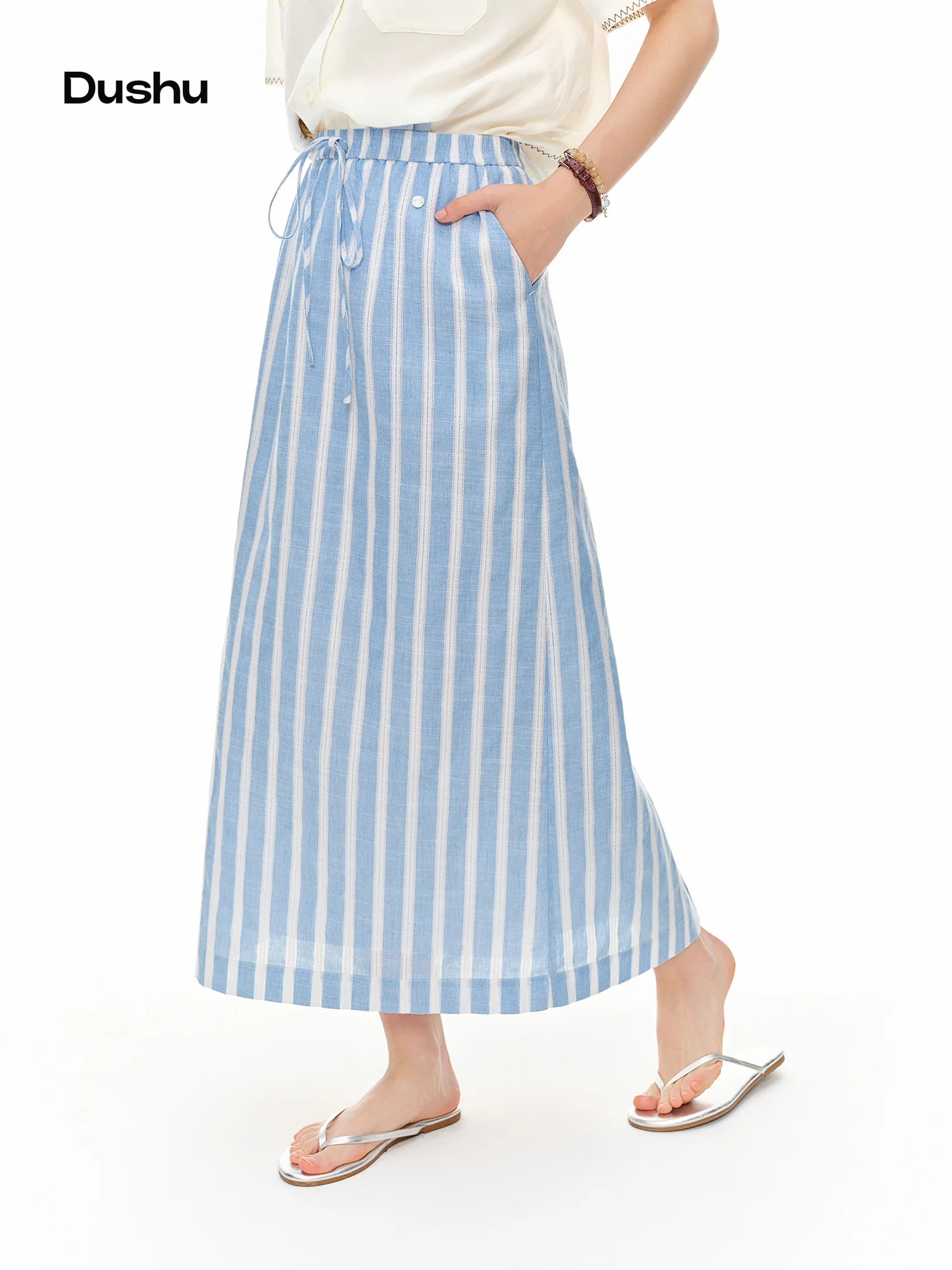 DUSHU 2026 Sommer Damen A-Linien-Rock mit hoher Taille, elastischem Bund und lockerer Passform für Alltag und Sommer