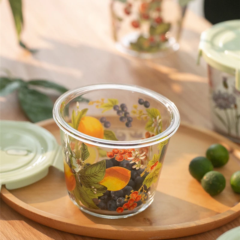 Food Storage Box French Vintage Flowers Heat-resistant Fresh-keeping Sealed Box Picnic Bento Fruit Round Glass Bowl with Lid