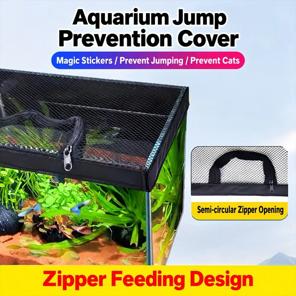 Black Aquarium Mesh Cover Zippered Feeding Opening Fine Mesh Fish Tank Net Lid Anti-Jump Fish Tank Top Protective Cover
