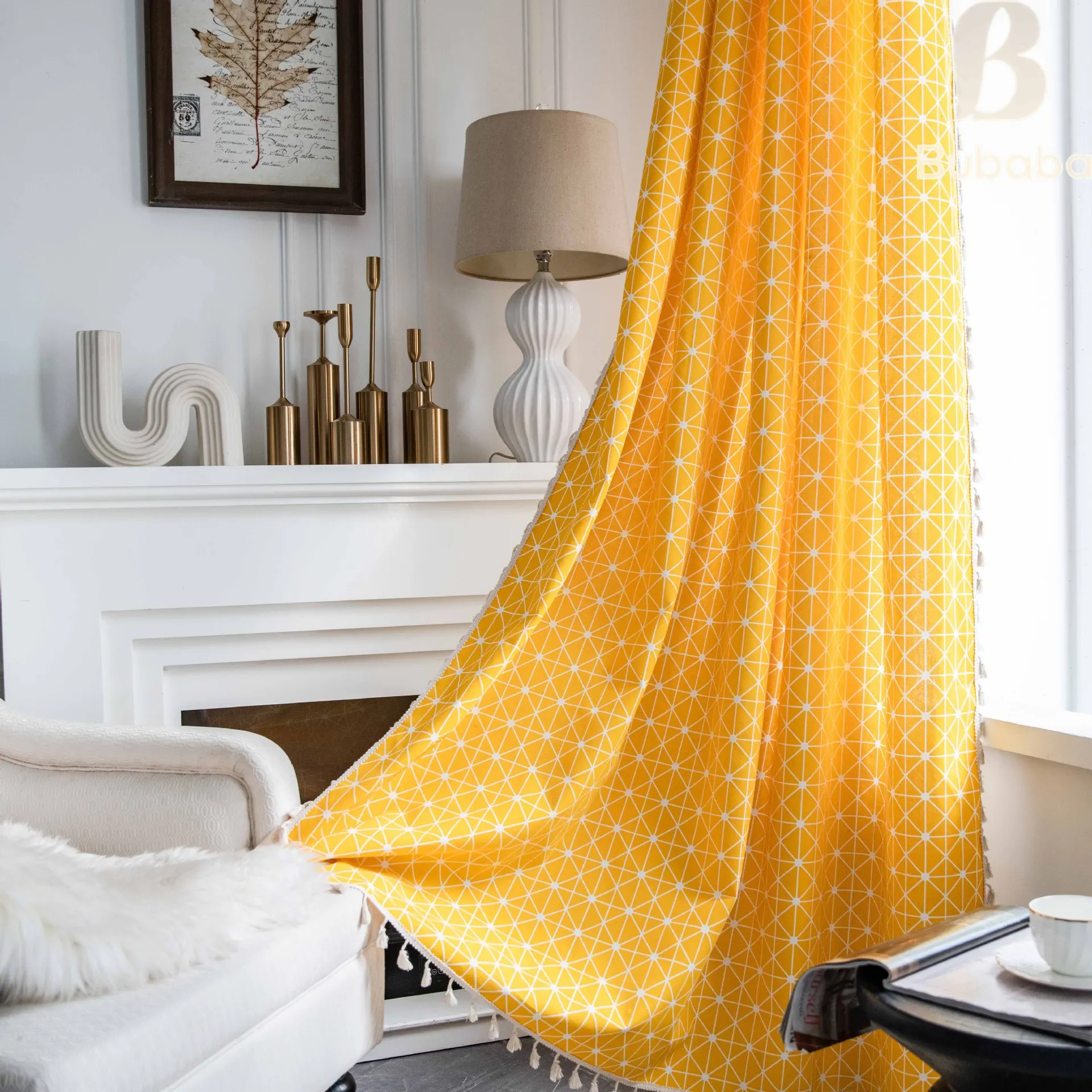 200023    Modern and minimalist Bohemian new product, yellow geometric tassel semi blackout living room and bedroom curtains