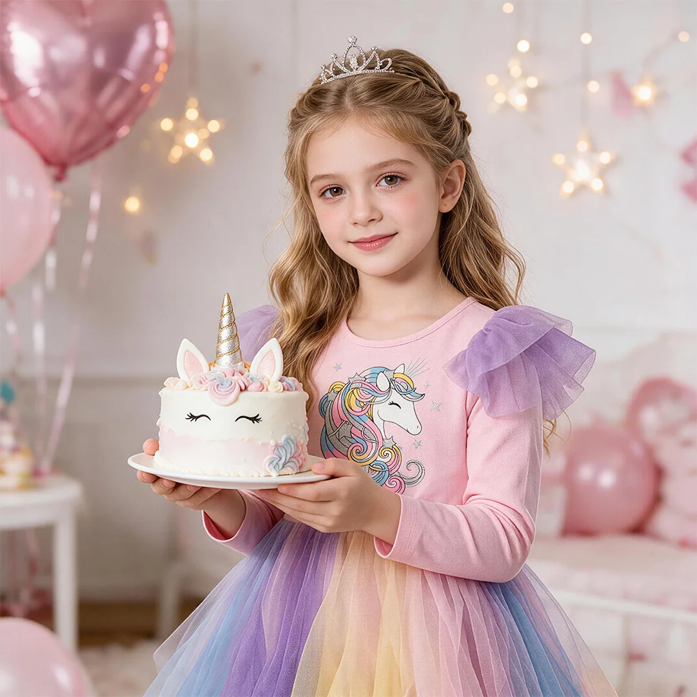 Girls Flare Sleeve Spring Autumn Irregular Dress Kids Pink Purple Rainbow Colorful Gradient Unicorn Party Princess Tutu Dresses