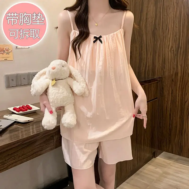 Pijamas de verano de talla grande 5XL para mujer, conjunto de Top y pantalones cortos con almohadilla para el pecho, ropa de descanso con tirantes de Estilo Princesa, se puede usar en el exterior