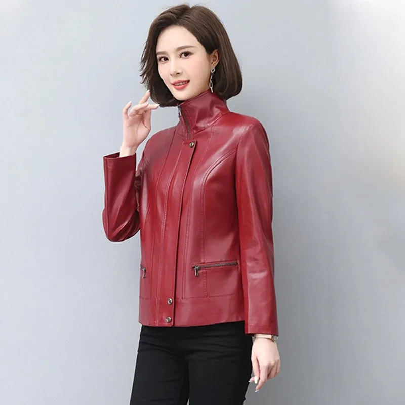 New Women Leather Jacket Autumn Winter Casual Fashion Stand Collar Plus Cotton Lining Slim Short Sheepskin Coat Spring Outerwear