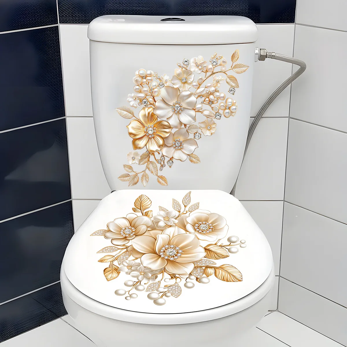 Adesivo criativo de flor dourada à prova d'água, adesivo de fundo de parede de banheiro, decoração de casa, cartazes autoadesivos