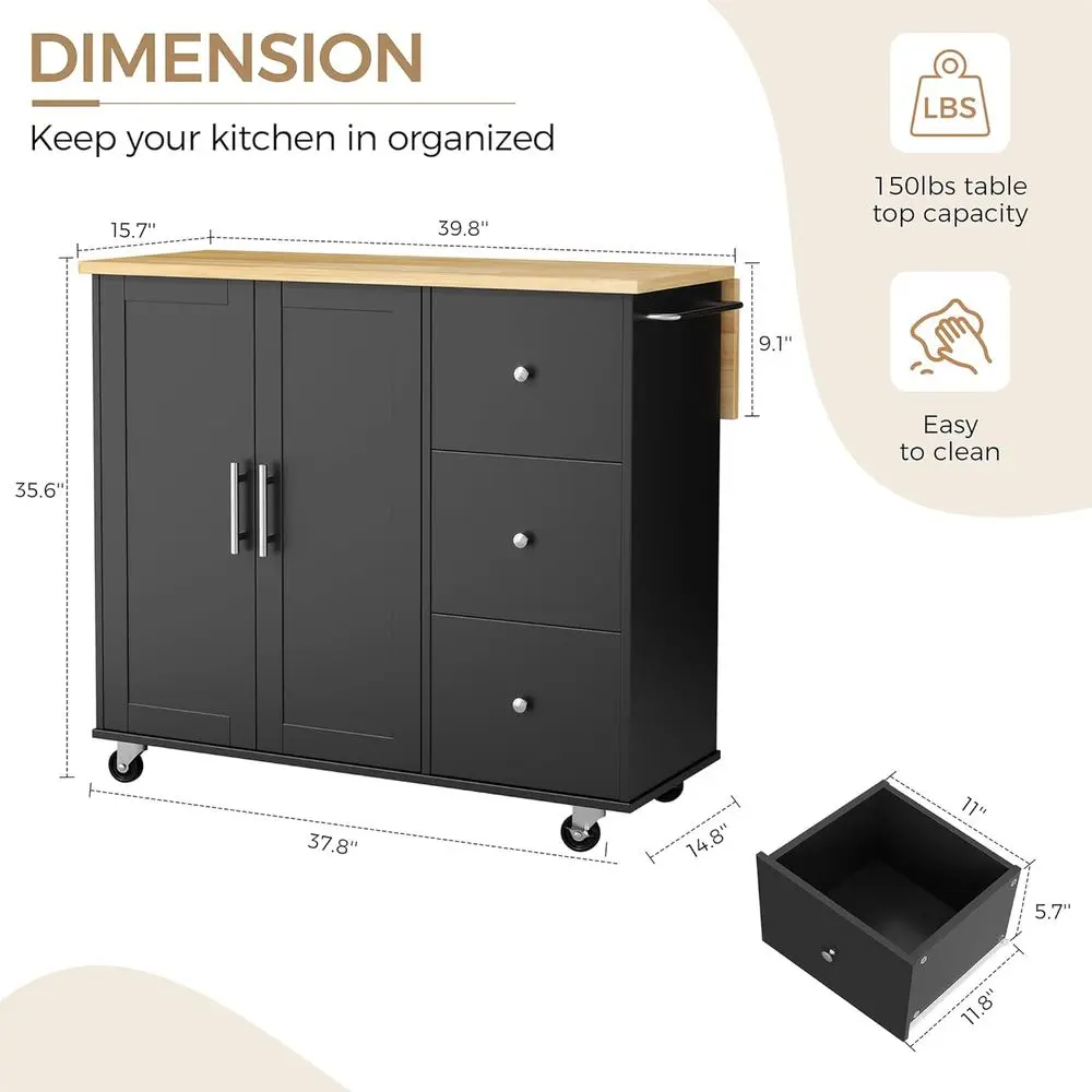 عربة جزيرة المطبخ المحمولة مع أدراج وخزانة، عربة أدوات دوارة لتناول الطعام والخدمة، باللون الأسود #2