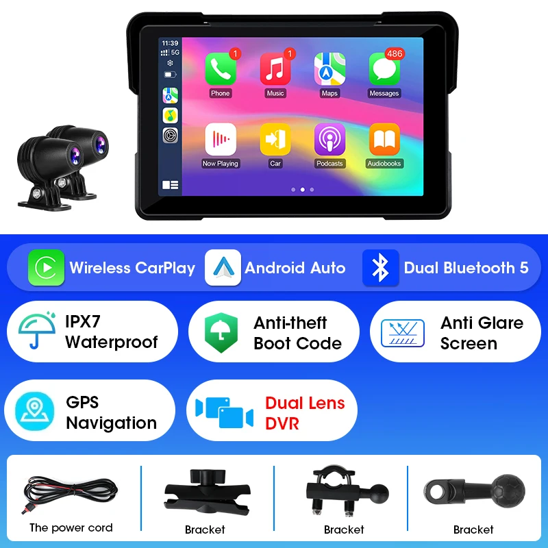 7-inch draagbare motorfiets GPS-navigatie IPX7 waterdicht LCD-scherm voor draadloze CarPlay Android Auto-ondersteuning DVR TPMS