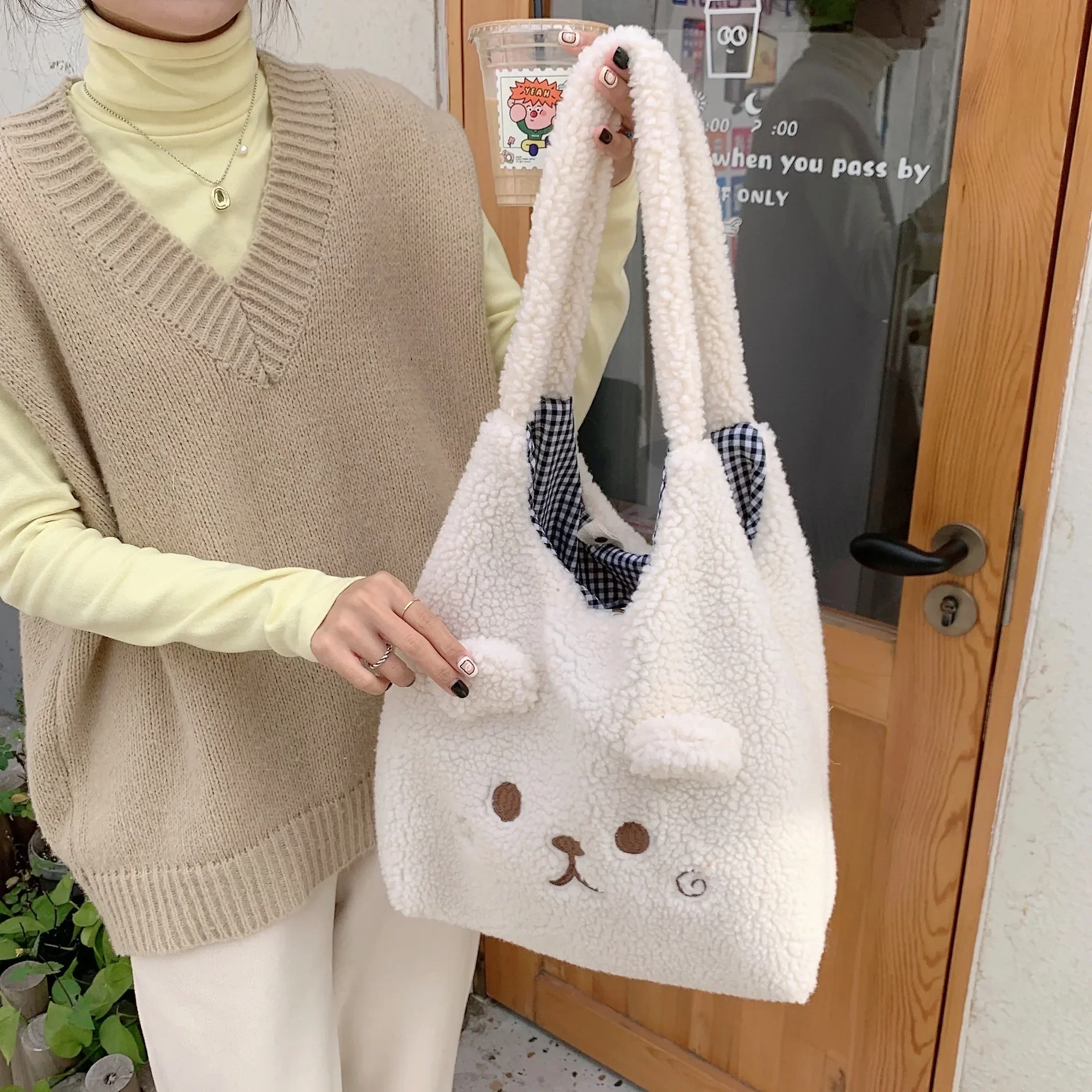 Cute Plush Tote Bag Bear Ears Girl Tank Top Bag Lamb Hair Large Capacity Handbag Embroidery Handbag Fashion Shoulder Bag