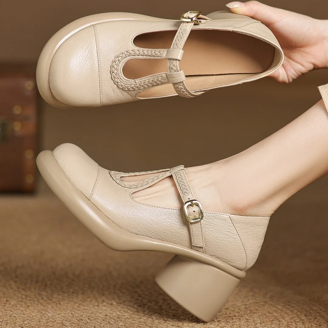 

Женские туфли-лодочки без шнуровки из овчины с узким ремешком и Т-образным ремешком, повседневные женские туфли на платформе с круглым массивном каблуке 6 см, мягкие удобные туфли на каблуке