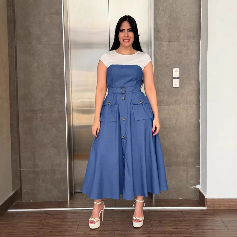 

Women'S Fashionable Elegant Patchwork Color-Block Cargo Pocket Waist-Cinching A-Line Dress