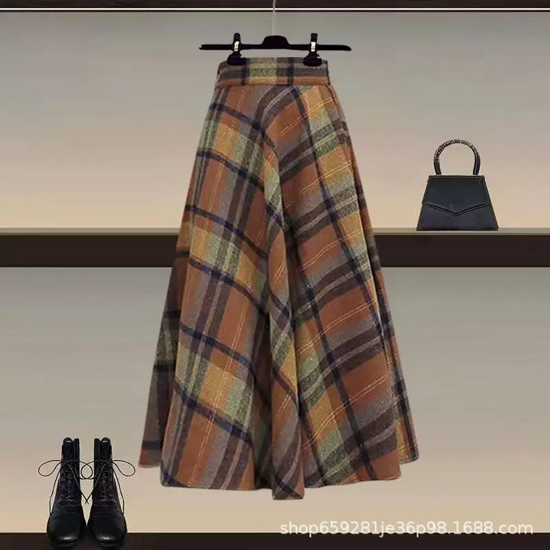 Conjunto informal para mujer, suéter de punto de estilo coreano, abrigo + media falda a cuadros, conjunto de dos piezas, Otoño/Invierno