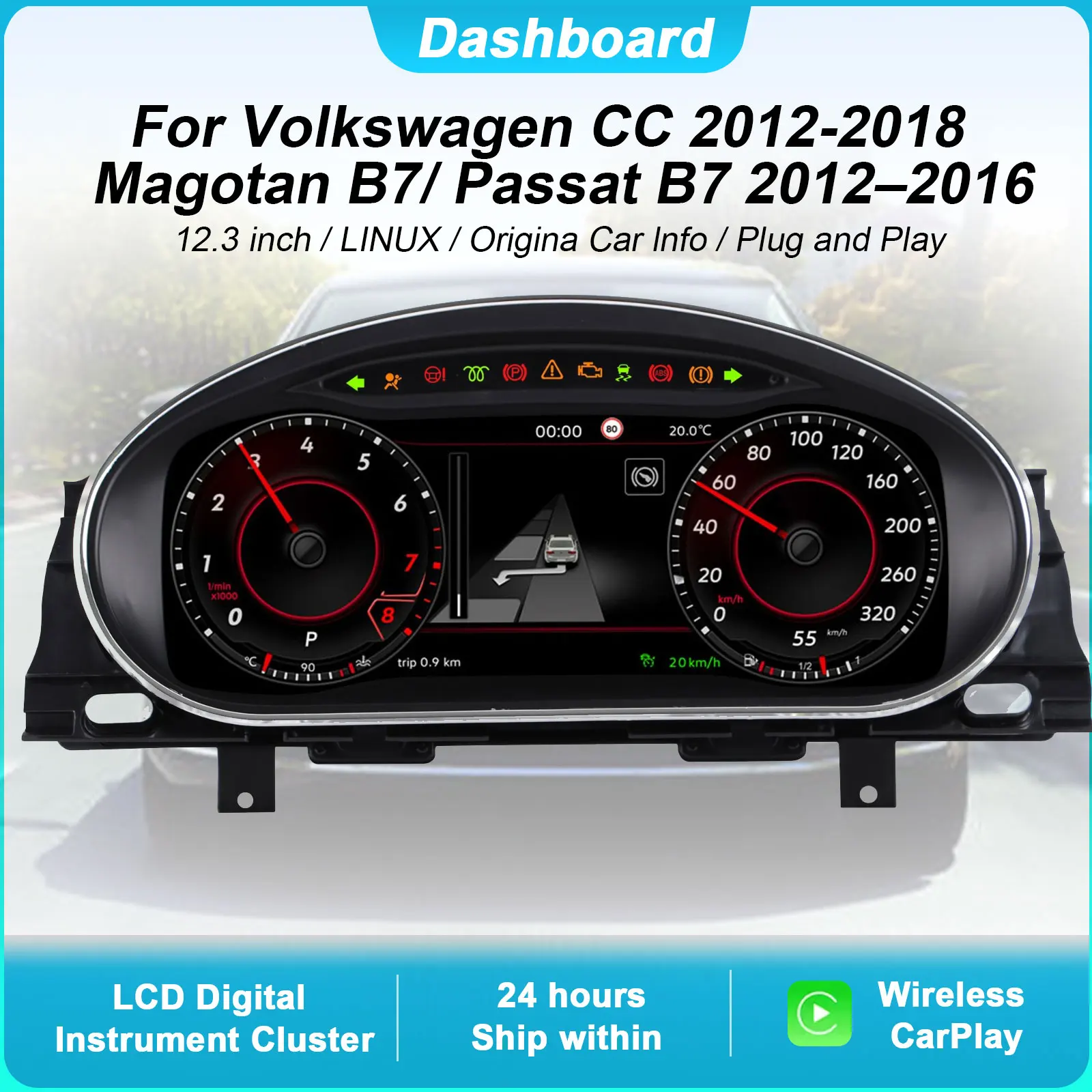 

Цифровая приборная панель для Volkswagen CC Magotan B7/Passat B7 2012-2018, спидометр, 12,3-дюймовый HD-экран 1920*720, поддержка CarPlay