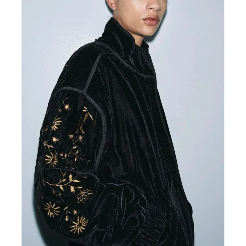 شتاء جديد المرأة طويلة Sve الوقوف طوق المرقعة المطرزة القطن Jaet ملابس خارجية عادية Sle الوقوف صالح سستة Cl... #3