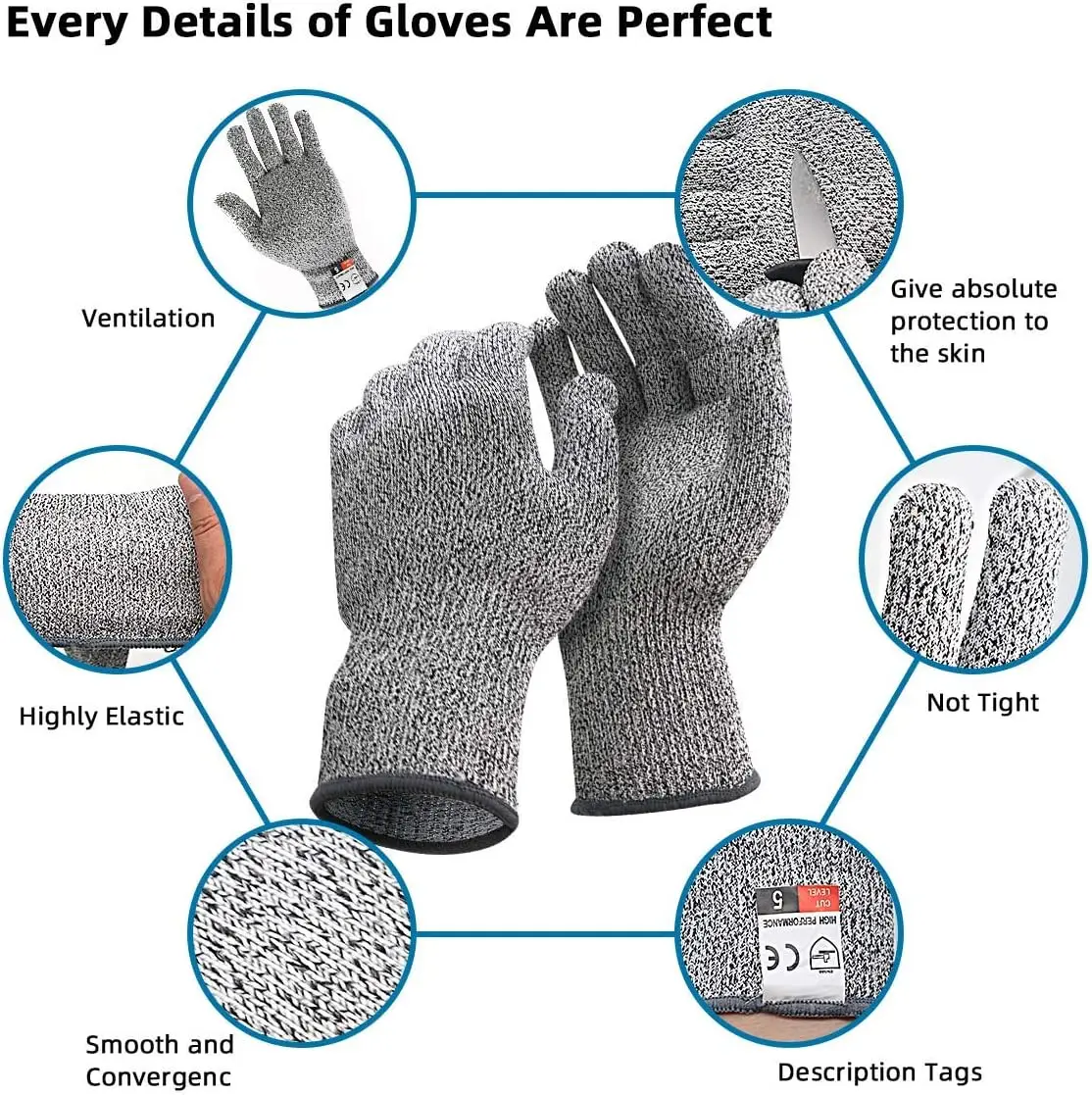 Level 5 Cut Resistant Gloves – Safety Gloves for Kitchen Meat Cutting Oyster Shucking Mandolin Slicing (XL, 2 Pairs)