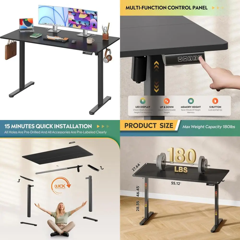 

28 Deep Electric Desk, 55 x 28 Adjustable Height, 3 Memory Settings, Black Sit-Stand Desk for Home Office