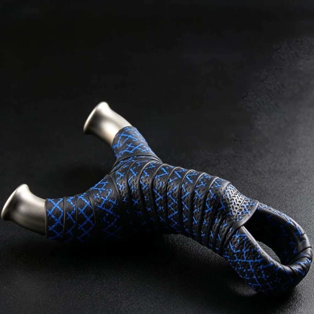 Stainless Steel Recurve Y-Shaped Slingshot with Blue Diamond Wrapped Grip & Finger Ring for Outdoor Target Practice
