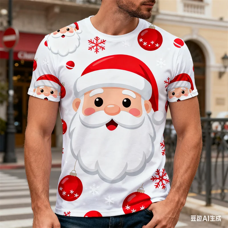 

Funny Santa Claus Print Men's T-shirt Leisure Fashion Y2k Christmas Elements Short Sleeve Street Hip Hop X'mas Party Men Clothes