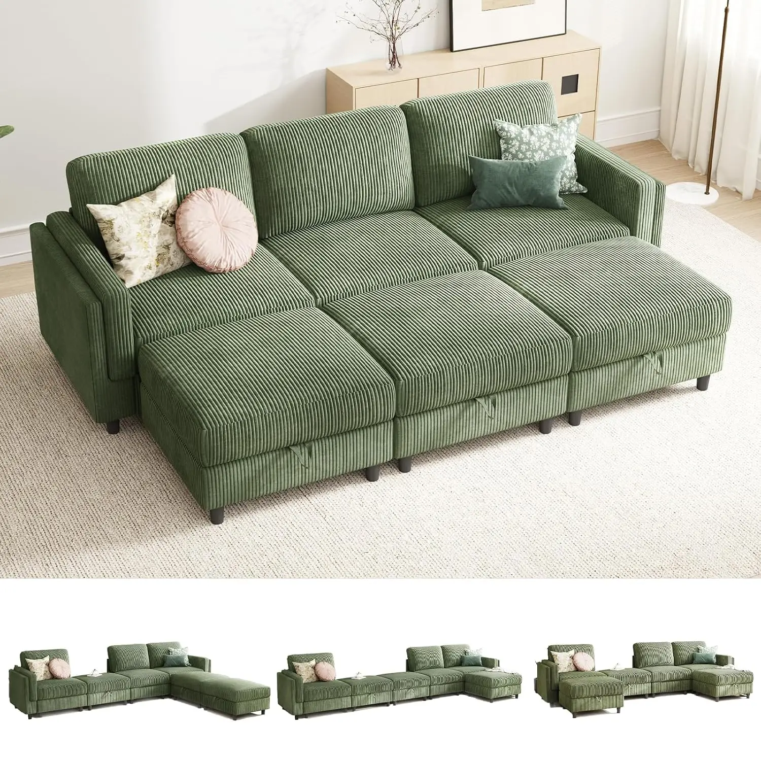 6 Seater Sofa Bed with Storage Ottoman, Convertible L/U Shaped Sleeper for Living Room, Reversible, Green, Customized