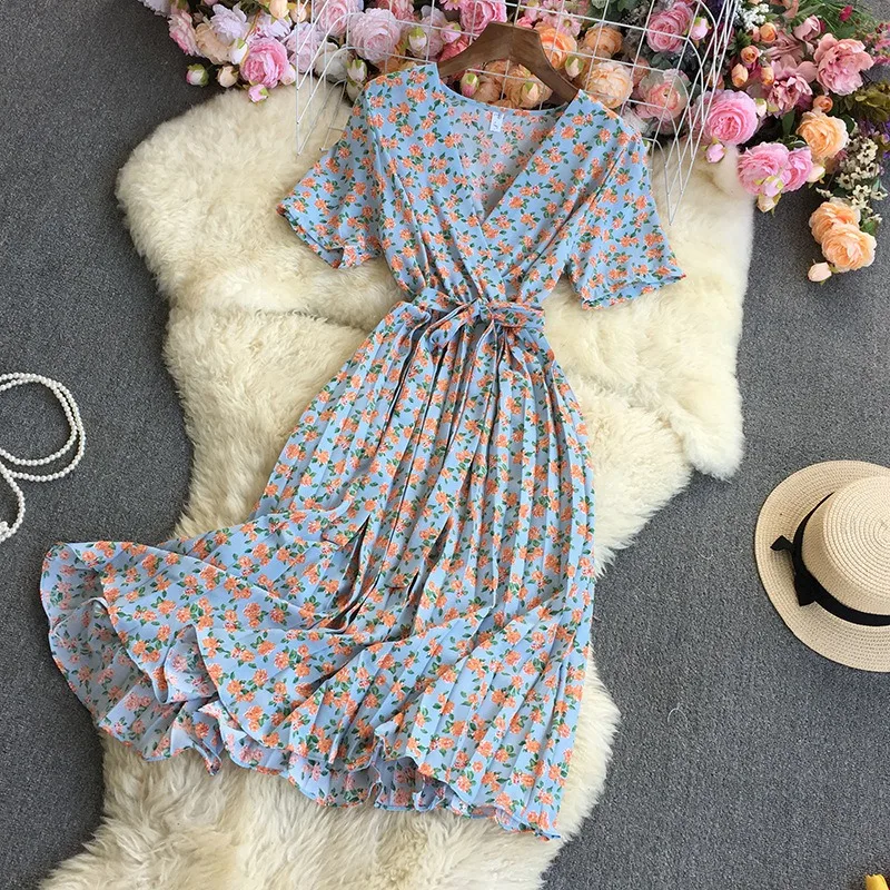YuooMuoo Chic แฟชั่นดอกไม้พิมพ์ชุดสตรี 2025 ฤดูร้อน SASH BANDAGE จีบชุดเลดี้ชุด Vestidos Robe Femme