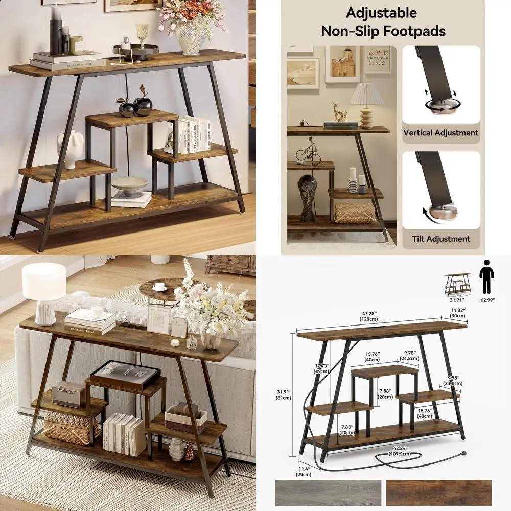Industrial Style 4-Tier Console Table with Power Outlets and Storage for Narrow Entryways and Behind Couches