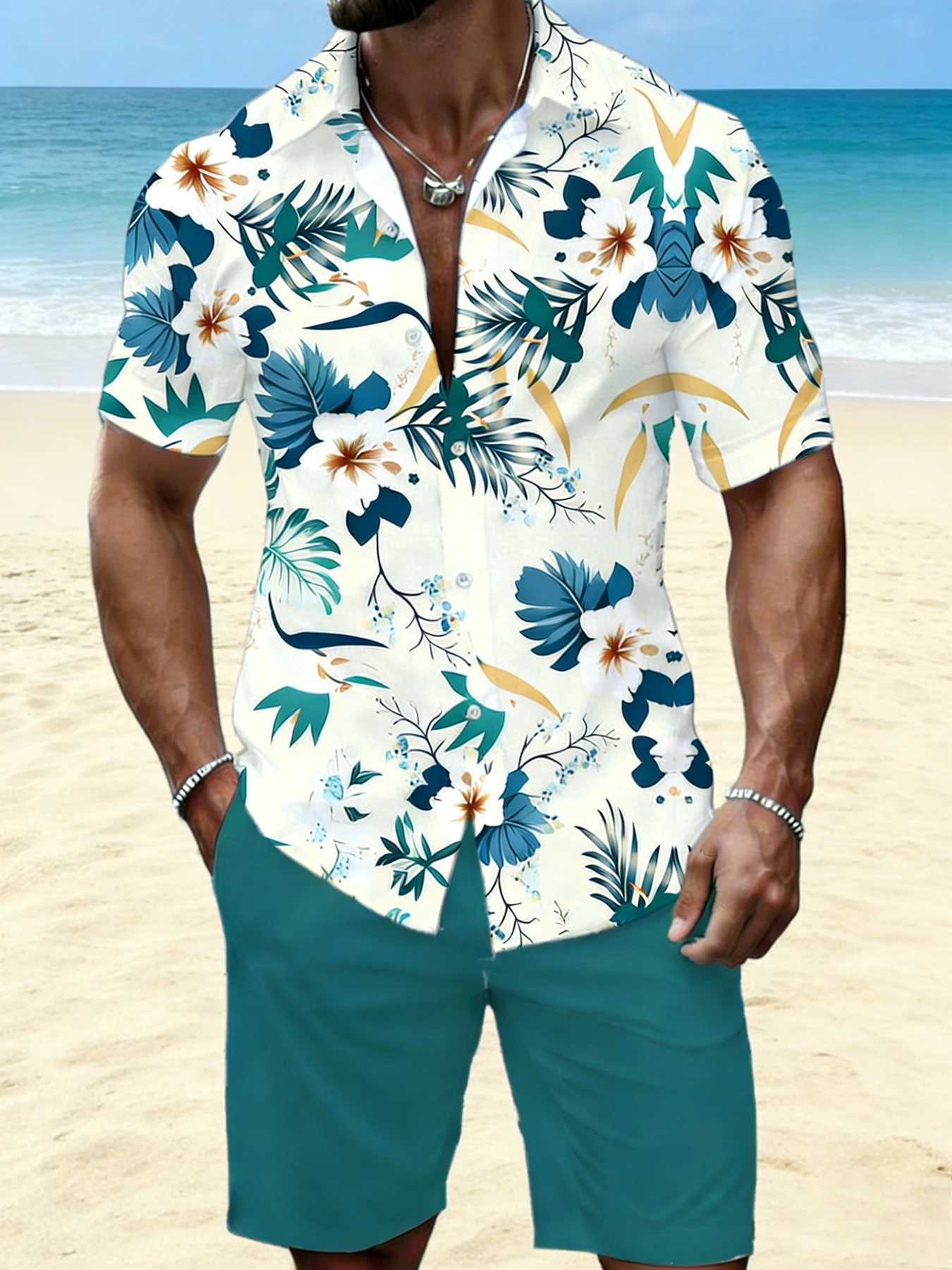 

Мужская рубашка премиум-класса с коротким рукавом и тропическим цветочным принтом, с отложным воротником на пуговицах, для пляжа и отдыха