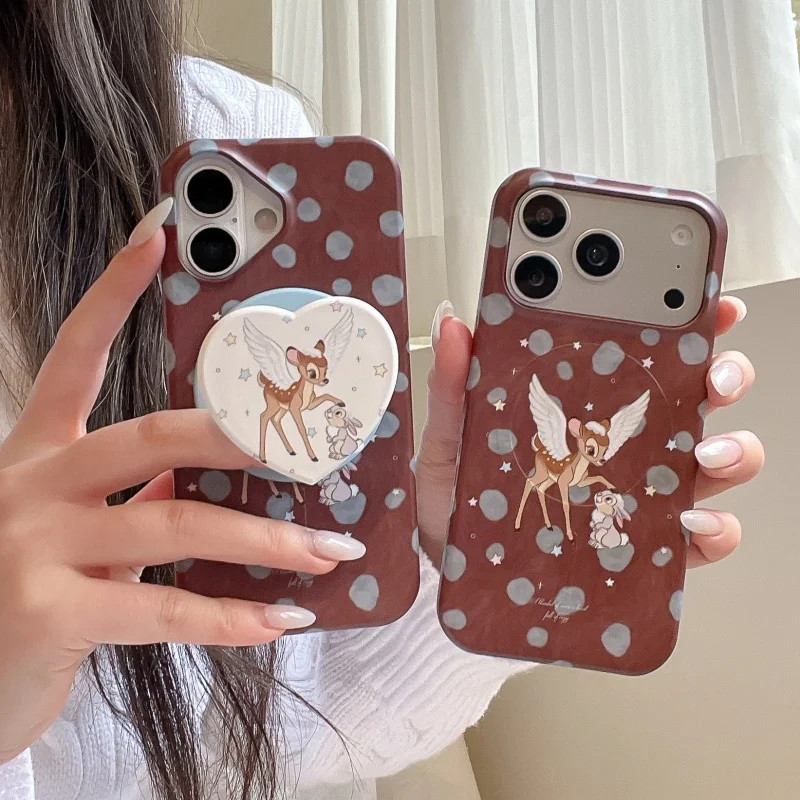 

Kawaii Angelic Elk Polka Dot Magnetic Case For iPhone 17 Pro 14 15 16 Pro Max Phone Cover with Holder Cute Hard Cases For Magsaf
