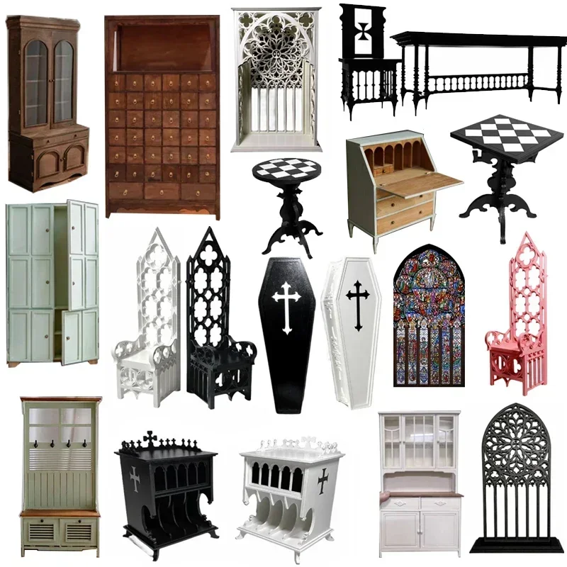 

Miniature Dollhouse Diy Furniture Material Bag Blythe Gothic Church Window Low Cabinet Chessboard Table Baroque Coffin Doll Box