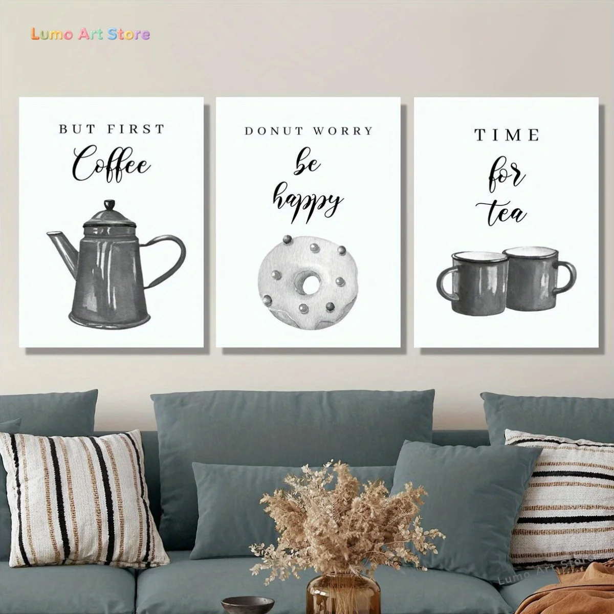 Set of Three -Unframed  Canvas Artworks, Featuring a Gray Kitchen Theme with Phrases Like 'Donut Worries', Alongside Images o