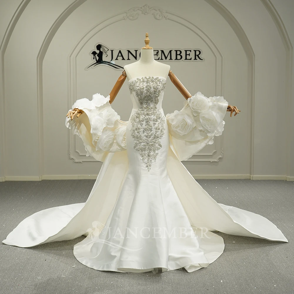 Luxurious Shining White Mermaid Satin Beaded Women's Wedding Dress Strapless 2026 New Bridal Dress Customized robe de mariée