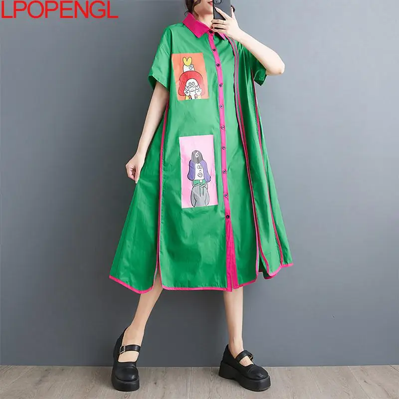 2026 Color Blocking Lapel New Artistic Fashion Temperament Shirt Dress Women Short Sleeves Single Breasted Ankle-length Dress