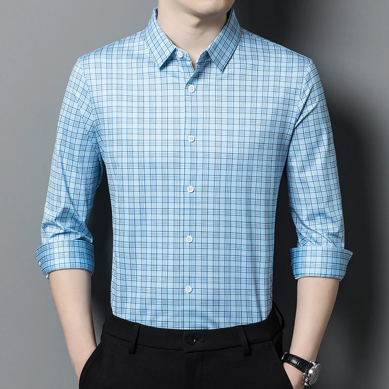 Polyester 87.4%,Elastane 12.6% Shirts For Men Long Sleeve Casual Autumn High-Quality Softness Breathable Plaid Camisas De Hombre