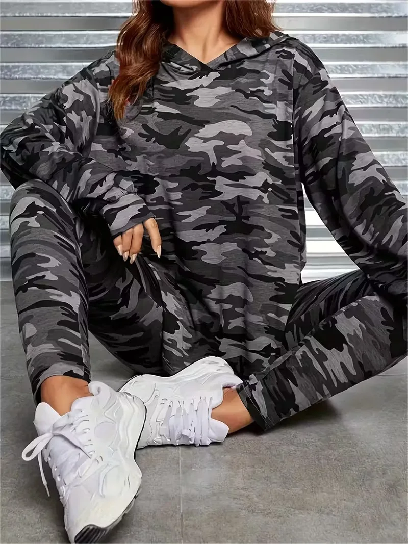 Damen Camouflage-Print Kapuzen-Trainingsanzug, Oversize Langarm-Hoodie, Jogginghose mit Bündchen, Lässige Loungewear, Zweiteiliges Outfit-Set – Detail 5