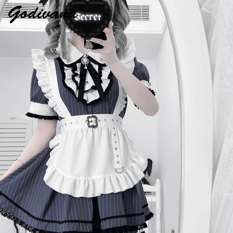 Japanese Mine Subculture Cos Maid Dress Set Costume New Summer Girls Women's Short Sleeve Slim Dress and Shorts Lolita Outfits