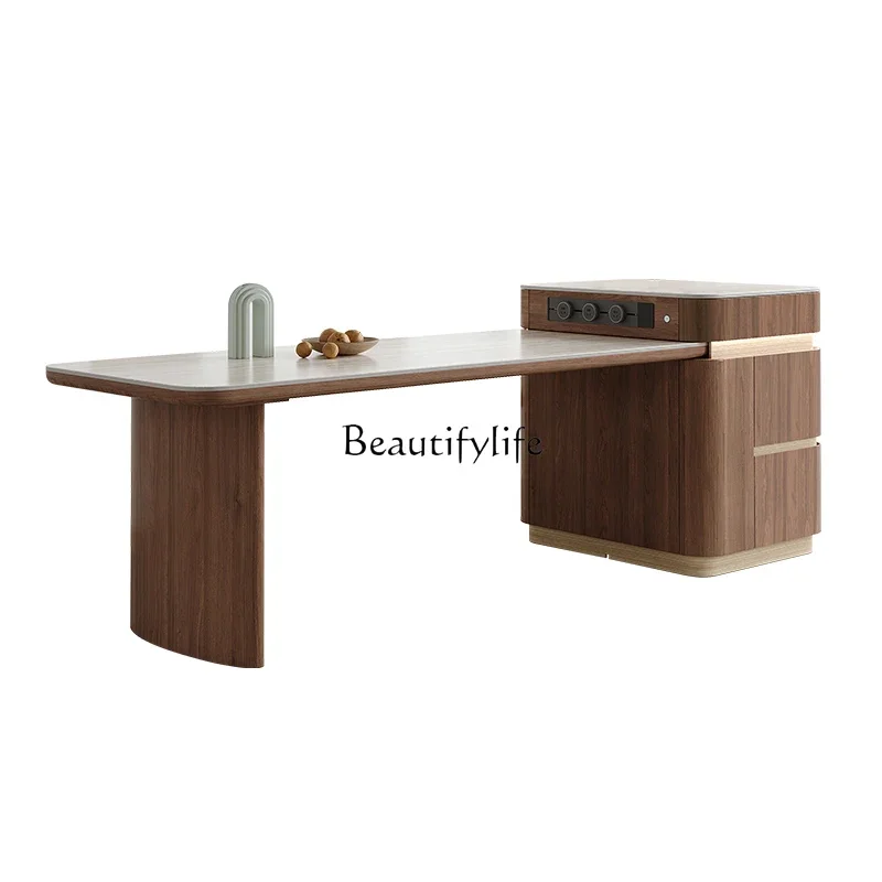 

Dining table integrated travertine rock slab black walnut wood grain light luxury retractable