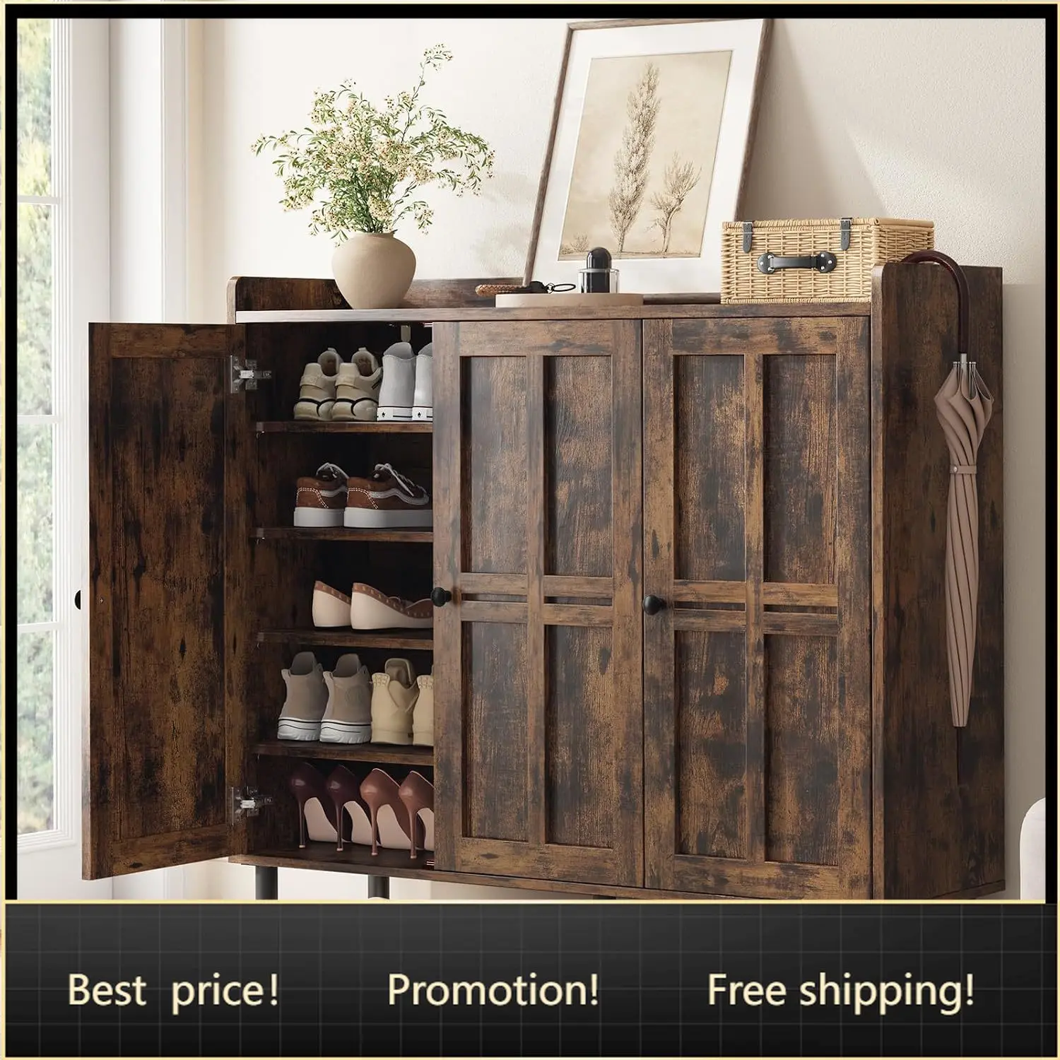Shoe Cabinet with 3 Doors, Shoe Rack for Entryway, Rustic Brown