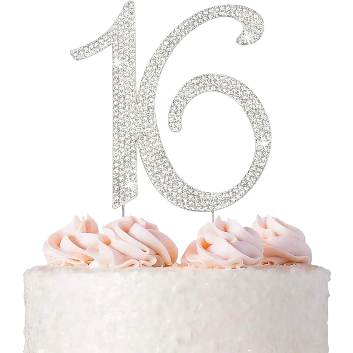 16 Silver Metal Cake Topper - Premium  Sweet 16 Birthday Party Sparkly Rhinestone Decoration Makes a Great Centerpiece