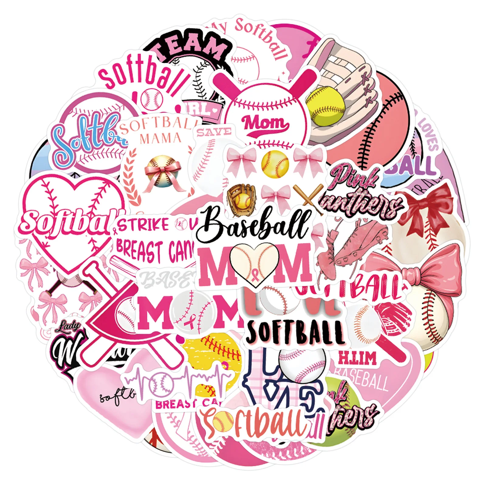สติกเกอร์ลายกราฟฟิตี้เบสบอลตลกๆ 50 ชิ้น สติกเกอร์การ์ตูนซอฟต์บอลสีชมพู ของตกแต่งกีฬา ของเล่นเด็ก กันน้ำ สติกเกอร์สร้างสรรค์