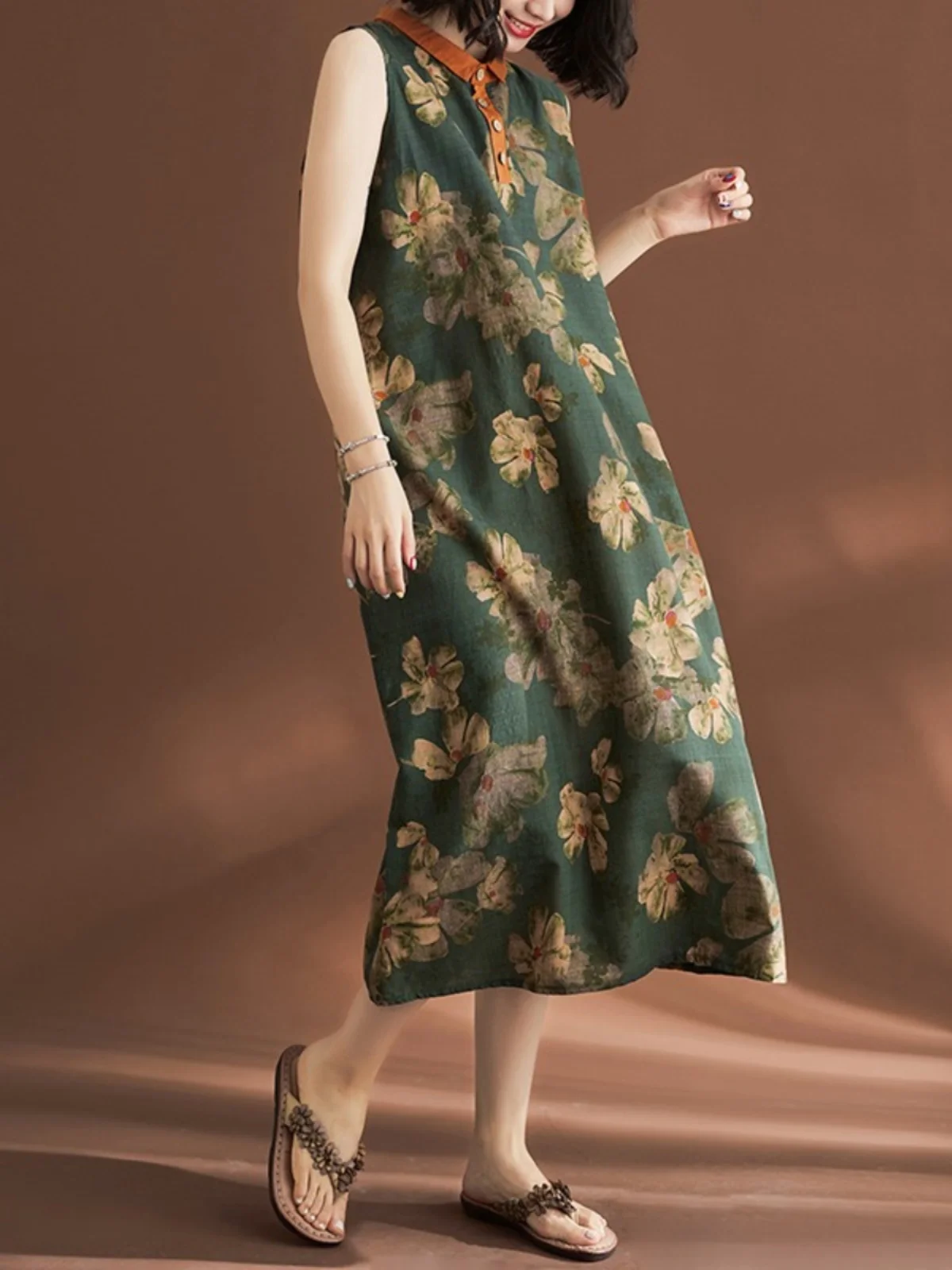 Retro Floral Print Sleeveless Long Dress Vest Cotton Linen Material A-Line Silhouette Summer Collection Elegant Style
