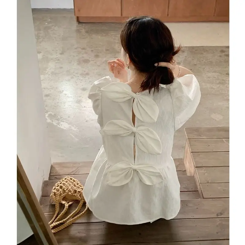 Summer New Back Bow Chic Shirt Tops Ladies Printing Puff Sleeve Hollow Out Blouses Fashion Korean Style Women Clothing