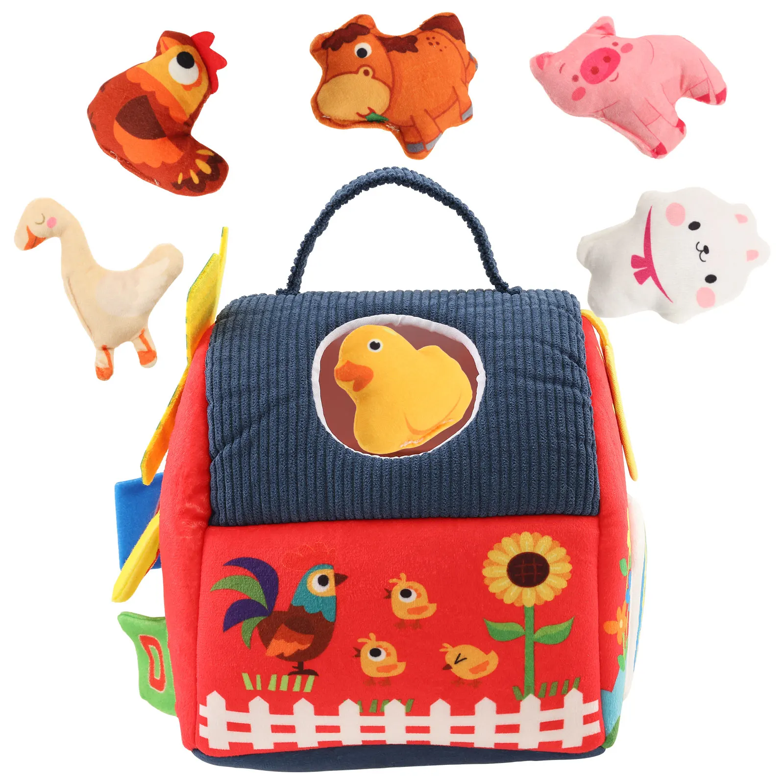 

Baby Toy for 6 Month Stuffed Farmhouse with Mirror Montessori Sensory Toy with Crinkle Paper Bell Baby Easter Basket Stuffers