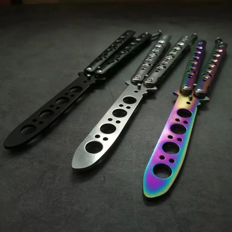 Cuchillo Mariposa para Principiantes, Cuchillo de Entrenamiento CSGO Balisong, Cuchillo de Práctica de Acero Inoxidable de Bolsillo con Cuatro Orificios, Herramienta de Entrenamiento para Juegos al Aire Libre