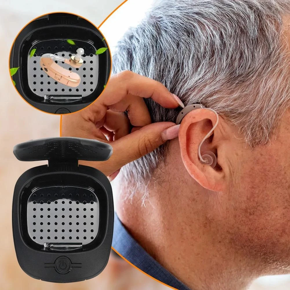Electronic Hearing Aid Dryer Dehumidifier That Extend Hearing Aids Lifespan Equipped Light Sanitizer for Cleaning Drying OTC Dev