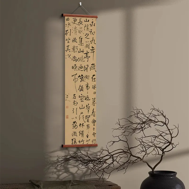 

Chinese Style Calligraphy Scroll, Orchid Pavilion Preface Wall Art, Zen Vintage Decor for Living Room, Tea Room, Study & Hallway