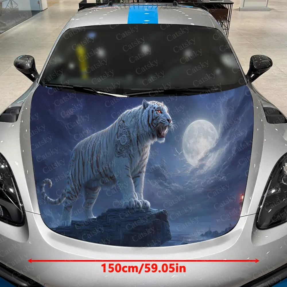 Ice Tiger Moon Roar Lighthouse Car Vinyl Wrap, PVC Waterproof Car Hood Sticker, Self-Adhesive Scratch-Resistant Stickers
