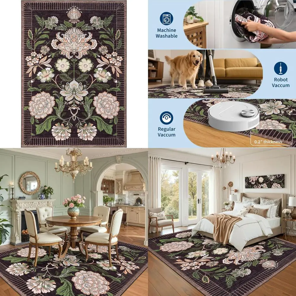 

8x10 Botanical Plum Pink Rug - Soft, Washable, Low Pile for Living Room, Bedroom, Dining Area & Nursery