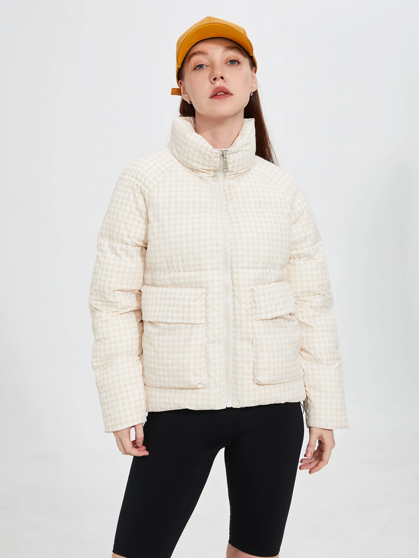 Women's Houndstooth Short Puffer Jacket Stand Collar Full Zip Large Pockets Casual Autumn Winter Warm Outerwear