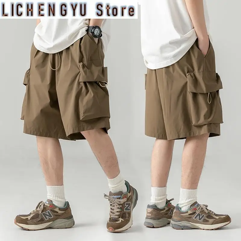 Men'S Casual Loose Fit Cargo Shorts With Elastic Drawstring Waistband Summer Breathable Workwear Sporty Outdoor Shorts