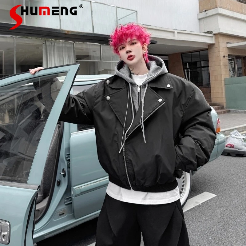 

Men's 2025 Winter New American Style Retro Contrast Color Tops Splicing Hooded Thickened Parkas Men's Faux Two-Piece Warm Parkas
