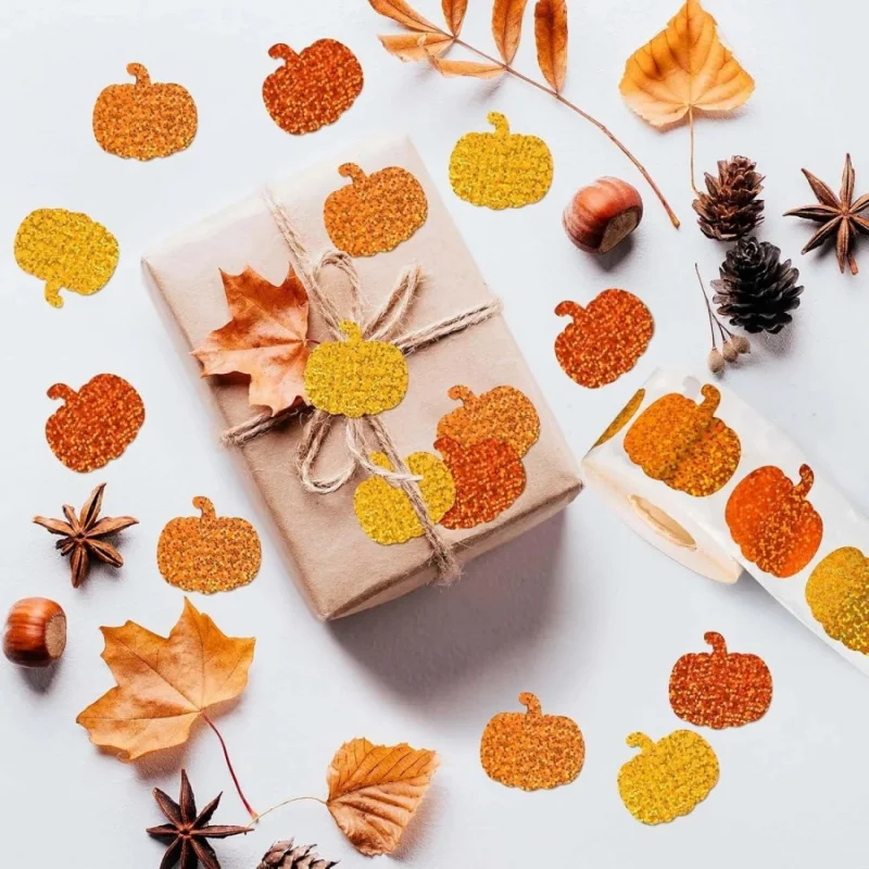 500pcs/roll Thanksgiving Pumpkin Stickers Halloween Fall Self‑Adhesive Glitter Stickers for Envelope Gift Card Autumn Decor