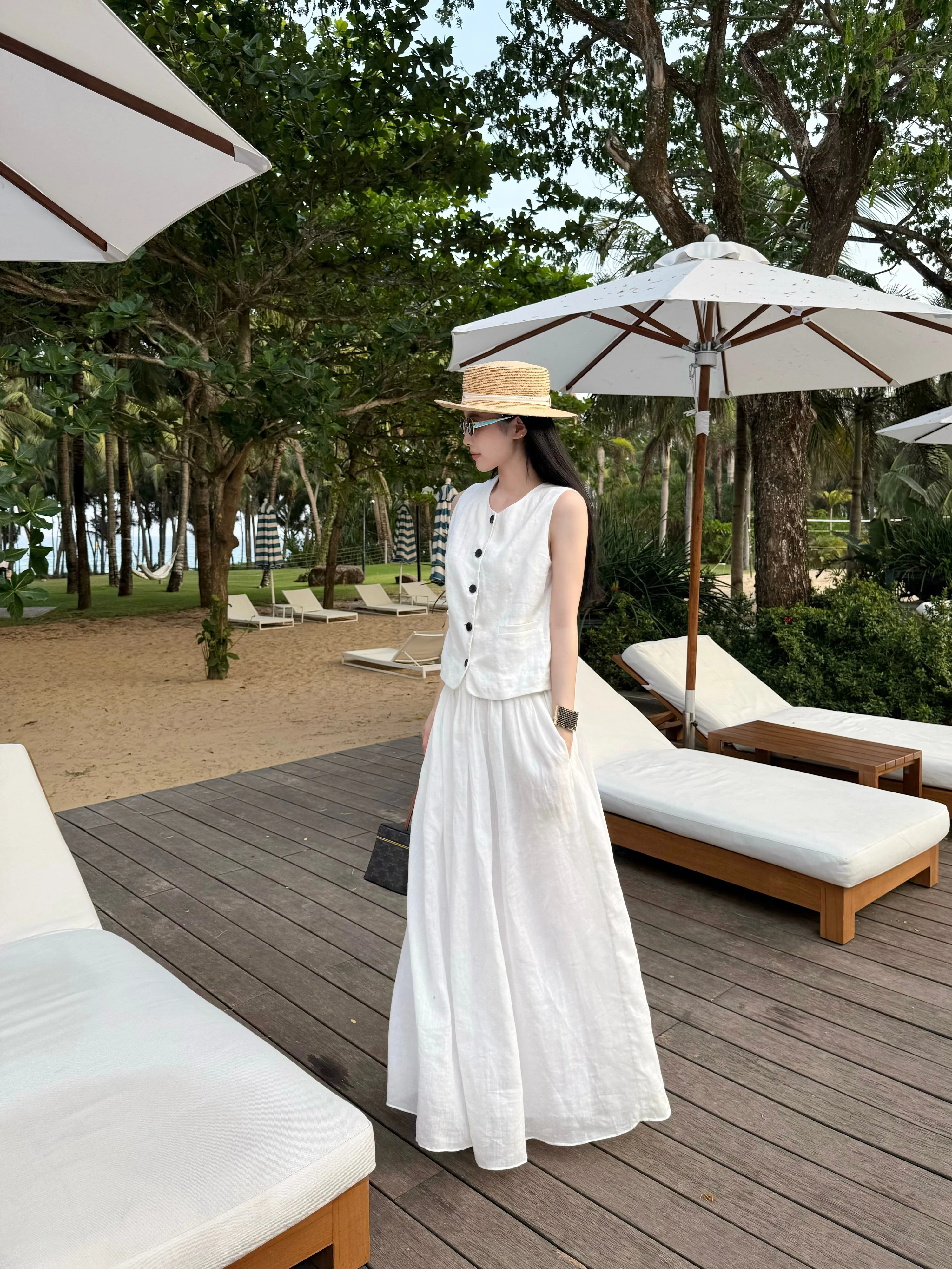 

ZhouMiao Boston Holiday Women's Two-Piece Set Linen Drapey Vest And Skirt Casual Style mid Waist A-Line Skirt Elastic Waist