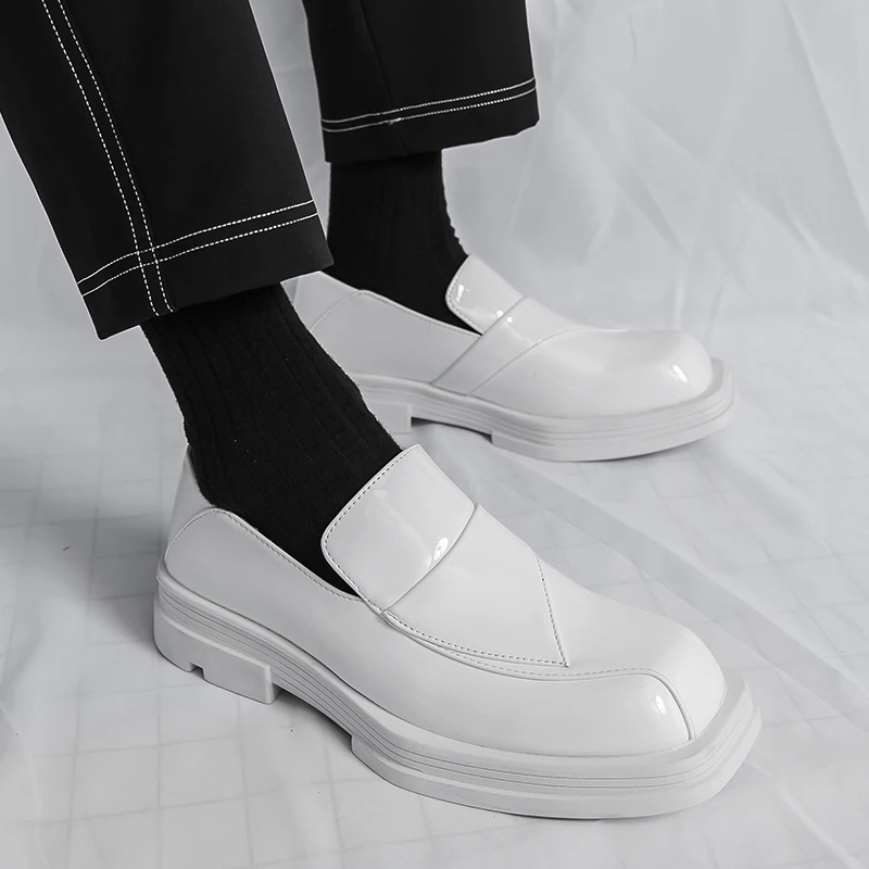 

Fashion Brand Men's Comfortable Thick Soled Loafers Spring Brand Personality Black Glossy High Top Leather Shoes Oxford Shoes